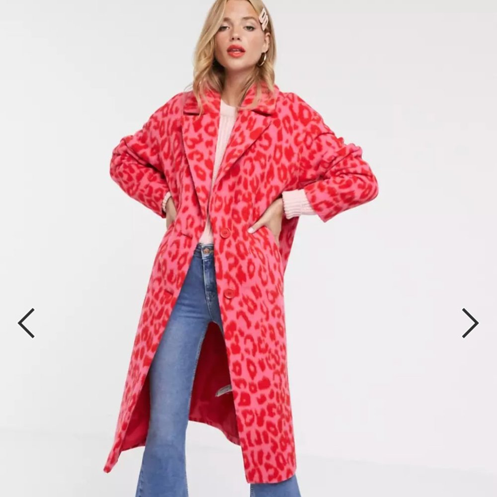 ASOS DESIGN oversized bright leopard coat pink/red